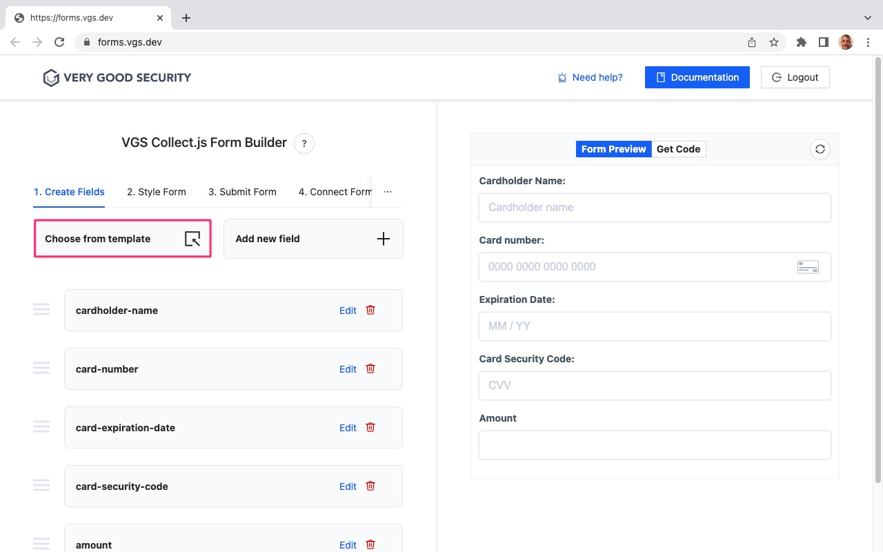 VGS Collect Form Builder Choose From Template