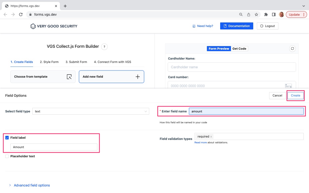 VGS Collect Form Builder Payment Form Add Amount