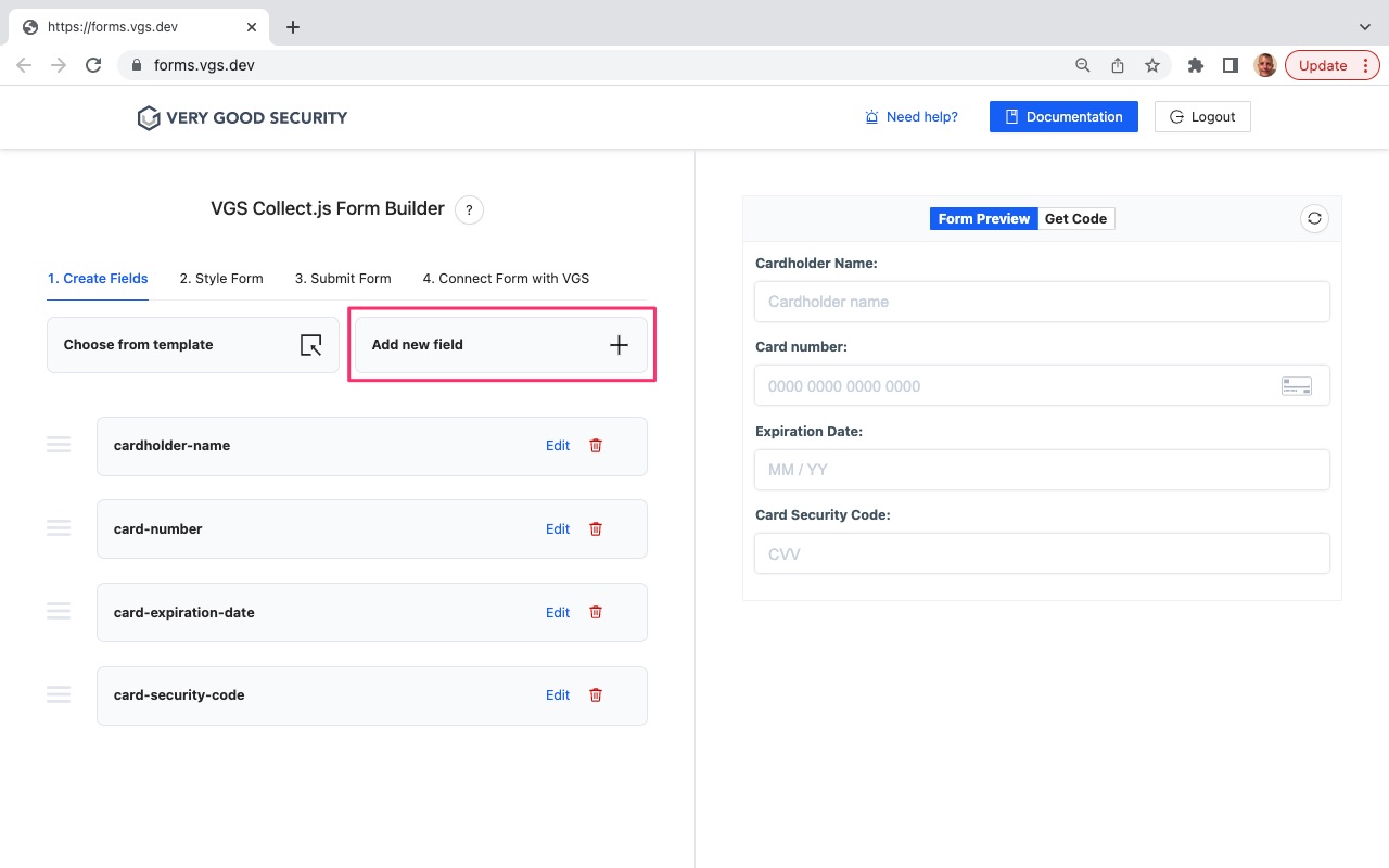 VGS Collect Form Builder Payment Form Add Field