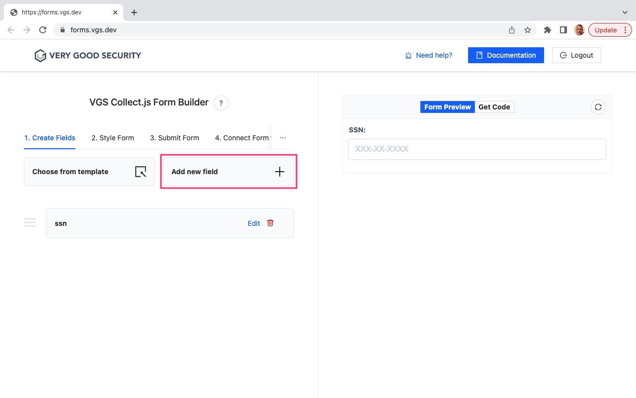 VGS Collect Form Builder SSN Form Add Field