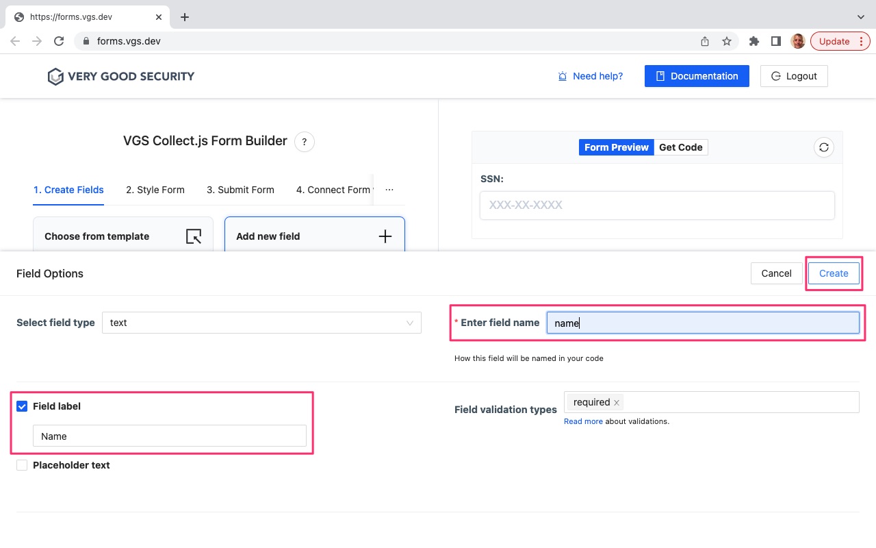 VGS Collect Form Builder SSN Form Add Name