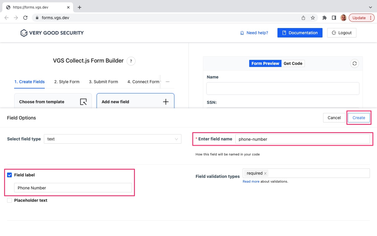 VGS Collect Form Builder SSN Form Add Phone Number