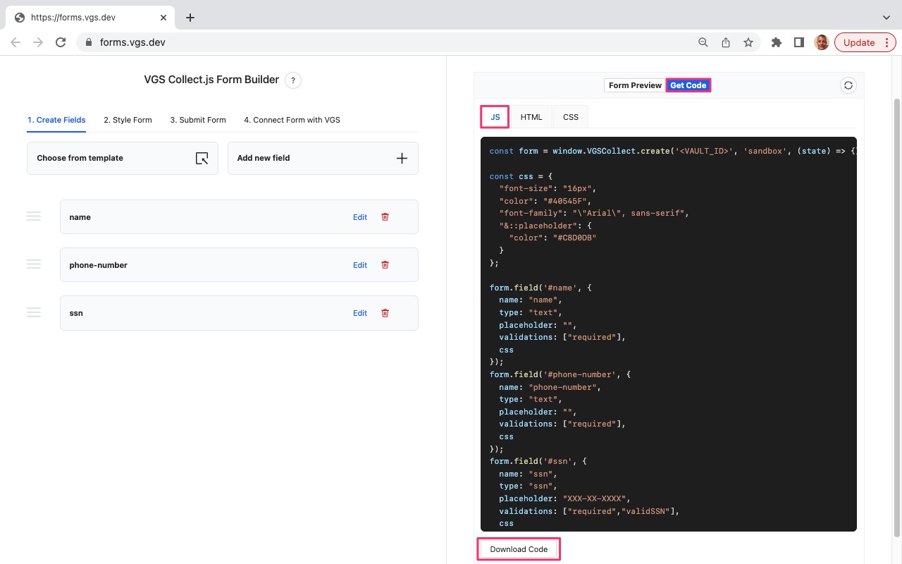 VGS Collect Form Builder SSN Form Download Code