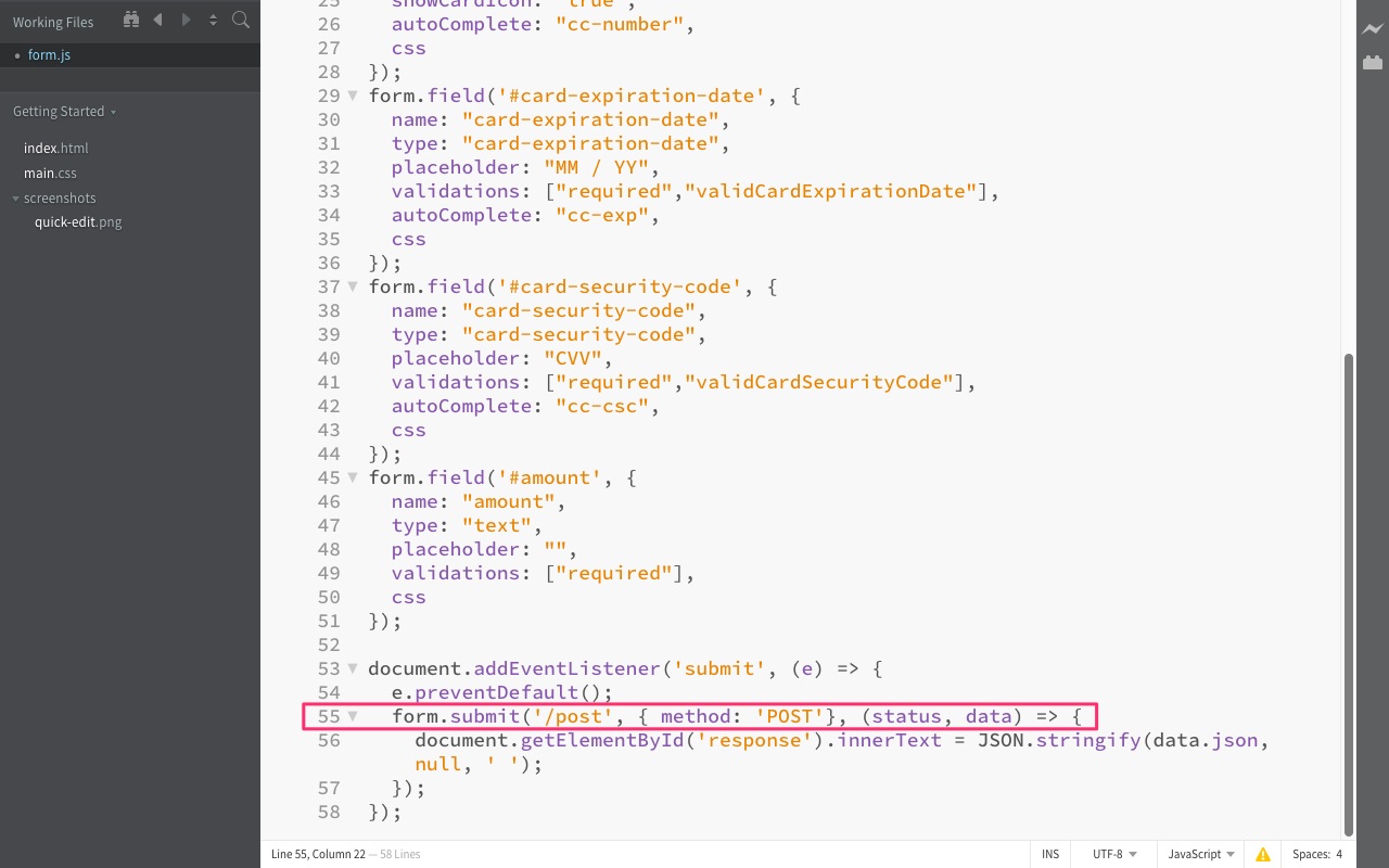 VGS Collect Payment Form.js Edit Submit
