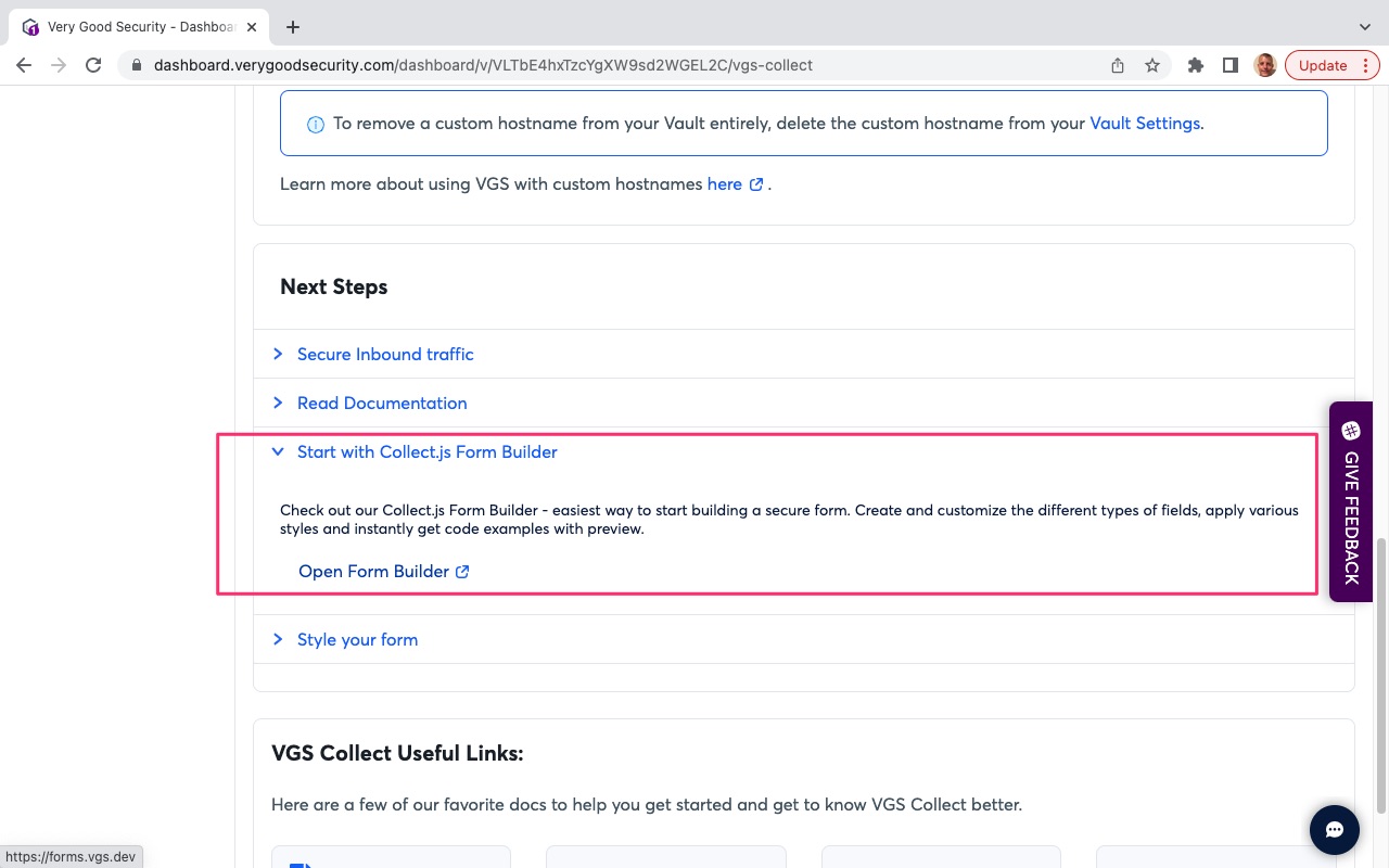 VGS Dashboard Collect Web Form Builder