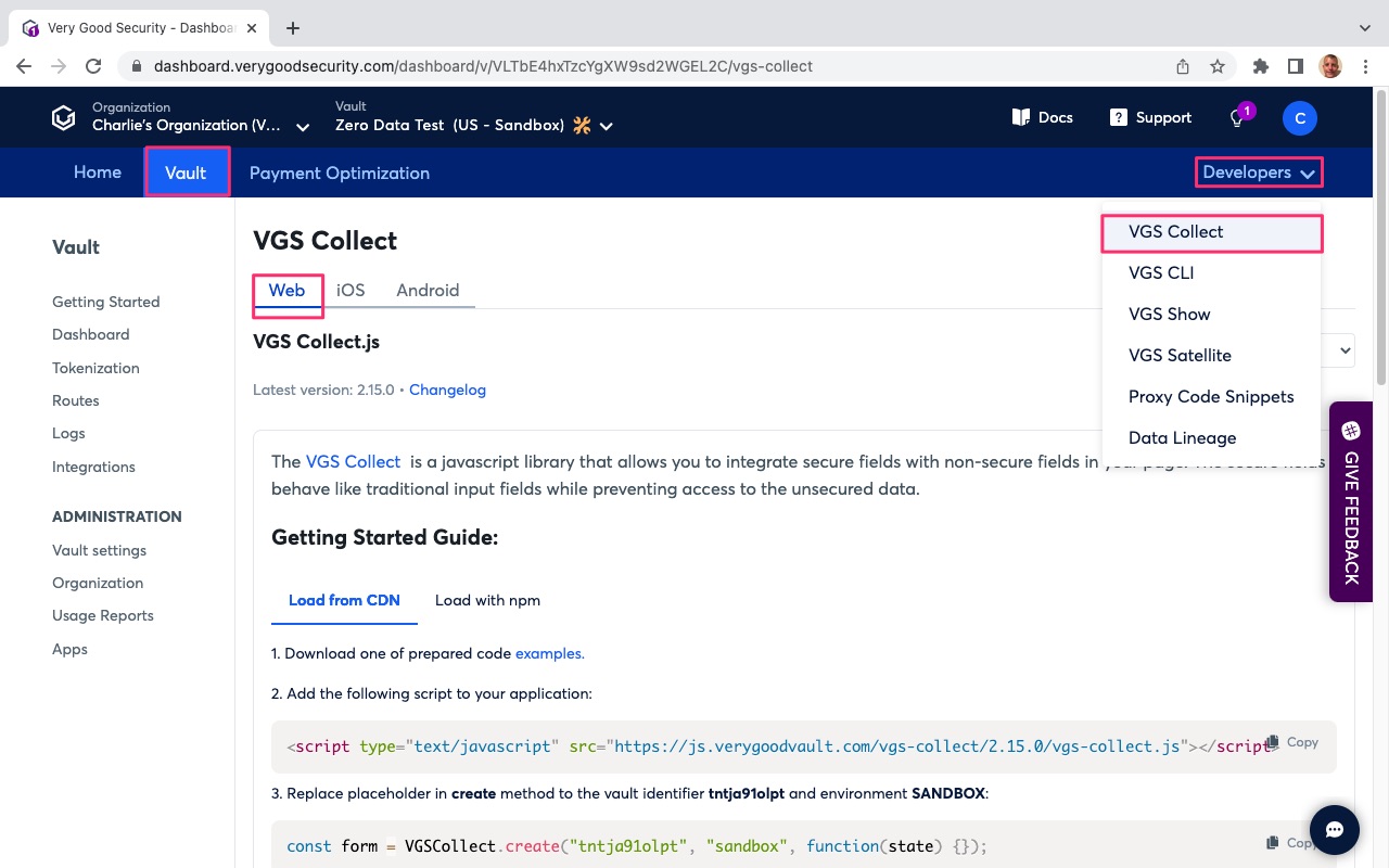 VGS Dashboard Collect Web