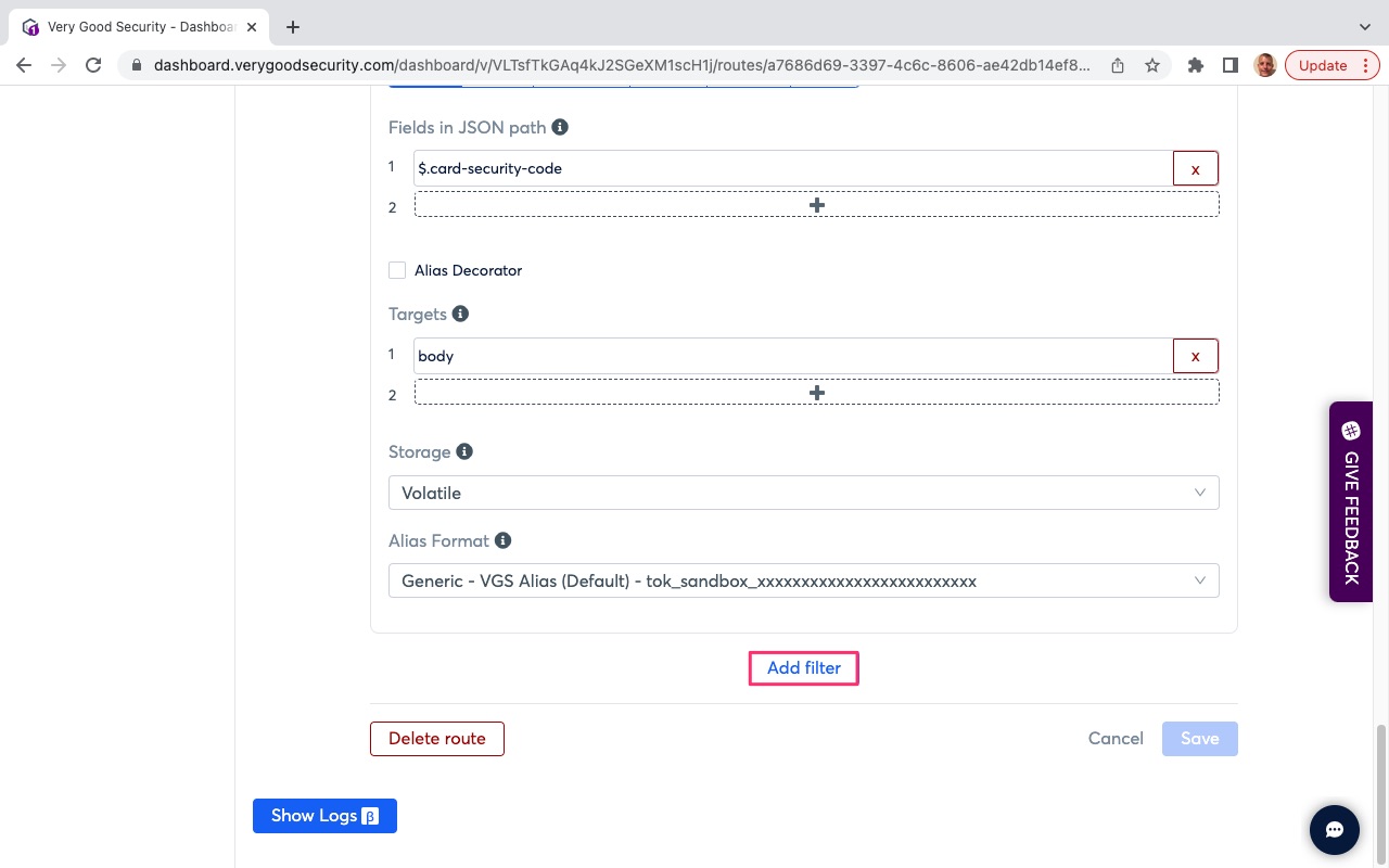 VGS Dashboard Inbound Routes Add Filter
