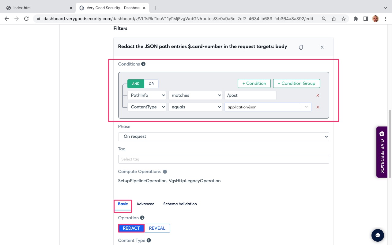 VGS Dashboard Inbound Routes Conditions