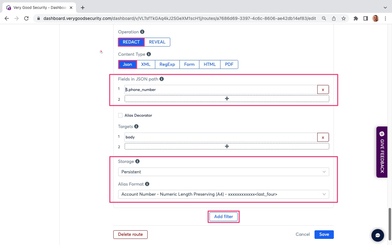 VGS Dashboard Inbound Routes Redact Phone Number Variable