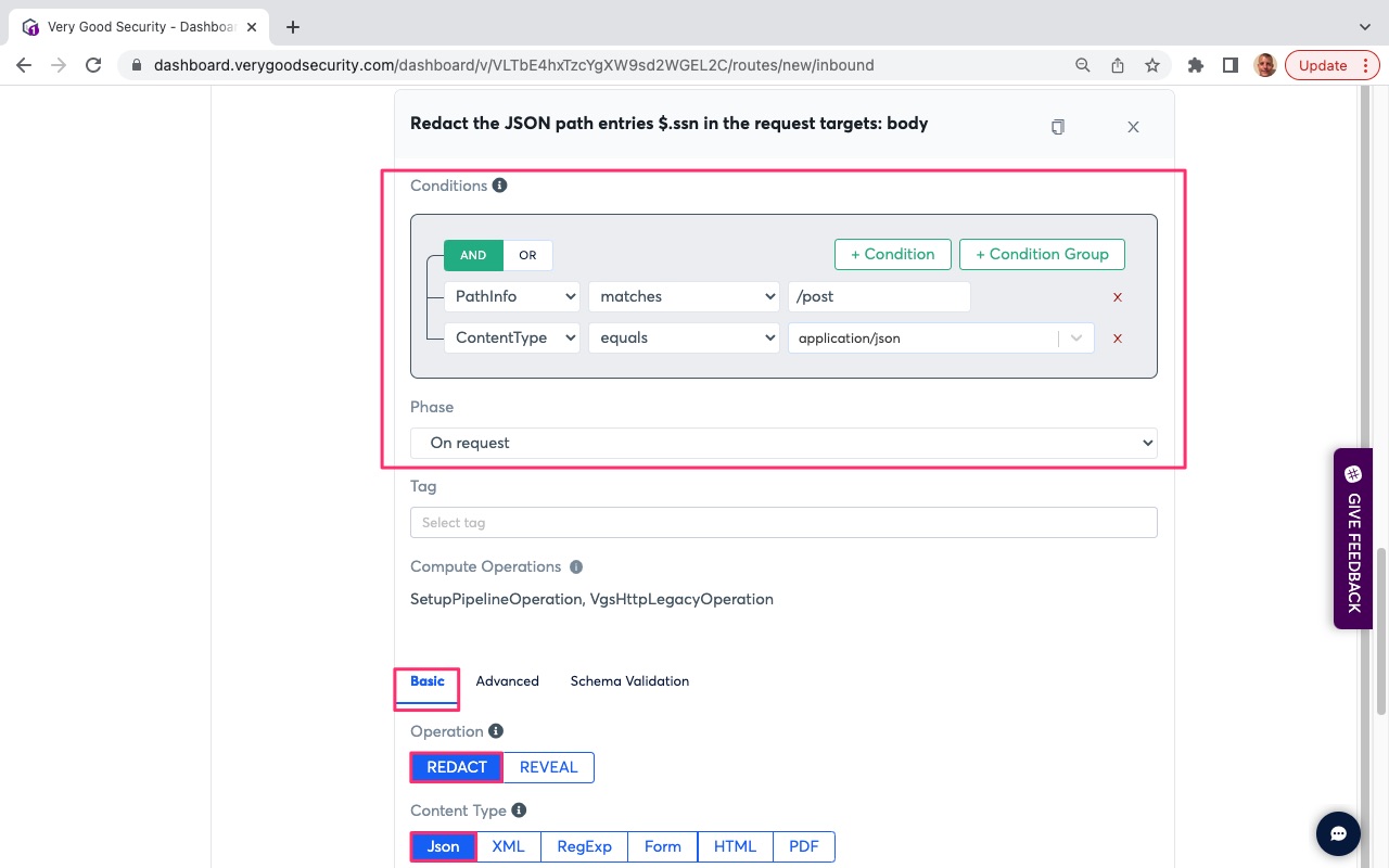 VGS Dashboard Inbound Routes Redact SSN Conditions