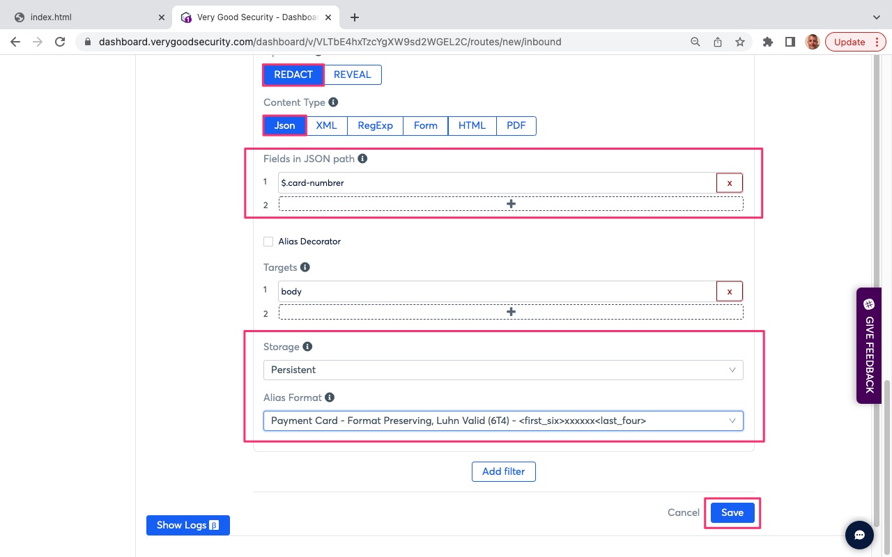 VGS Dashboard Inbound Routes Redact Variable