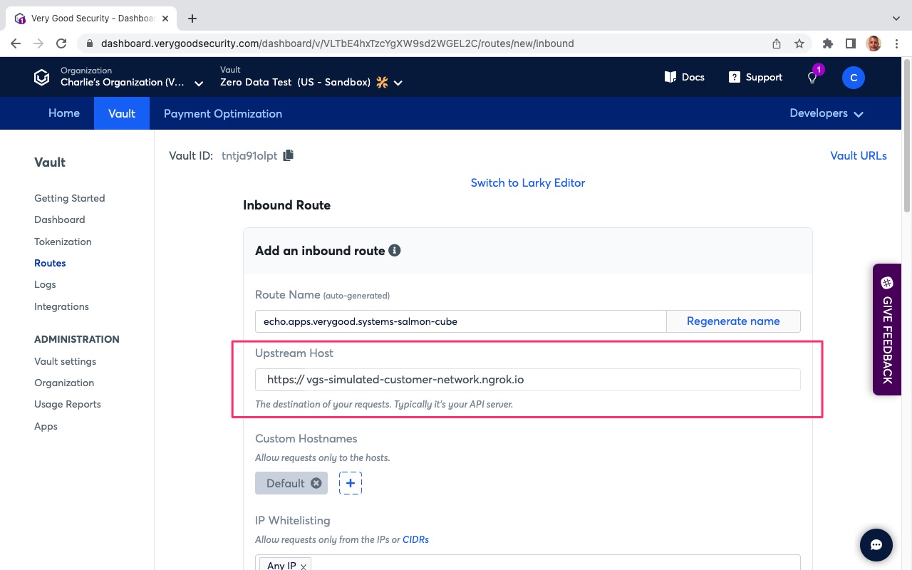 VGS Dashboard Inbound Routes Upstream Host Modify