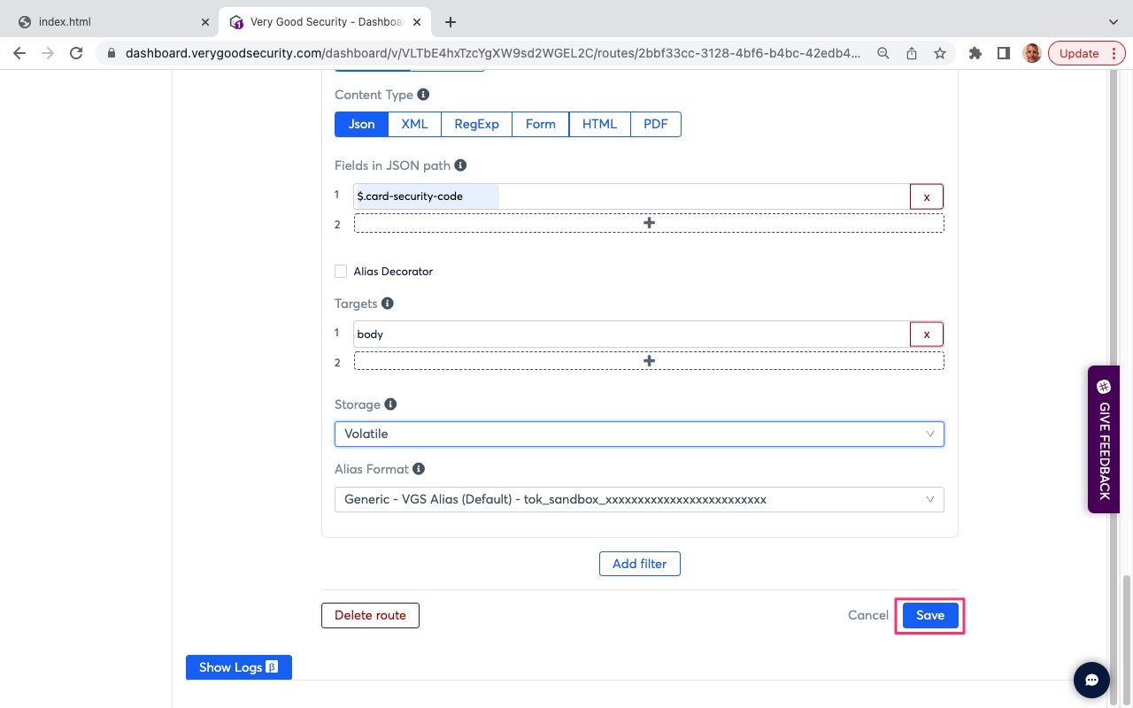VGS Dashboard Inbound Routes Upstream Host Save