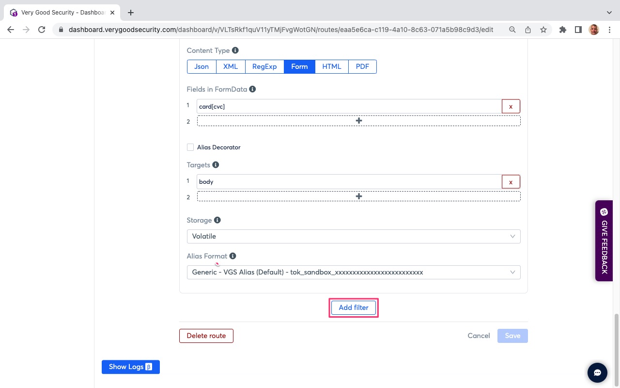 VGS Dashboard Outbound Route Card Issuance Add Filter Stripe