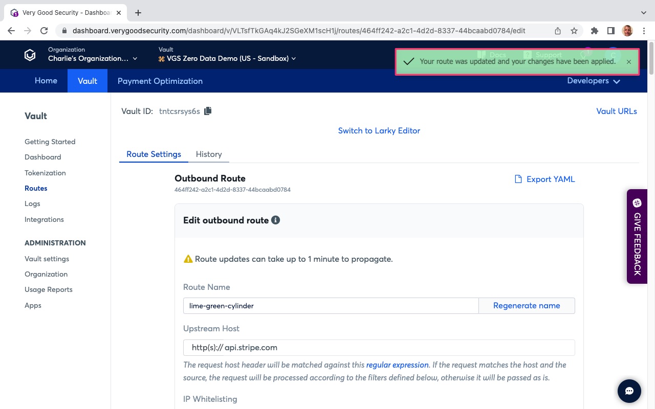 VGS Dashboard Outbound Routes Save Confirm Stripe Card Issuance
