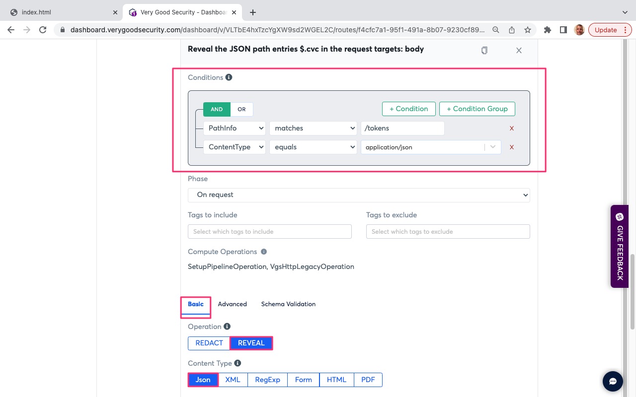 VGS Dashboard Outbound Routes Reveal Card Security Code Conditions
