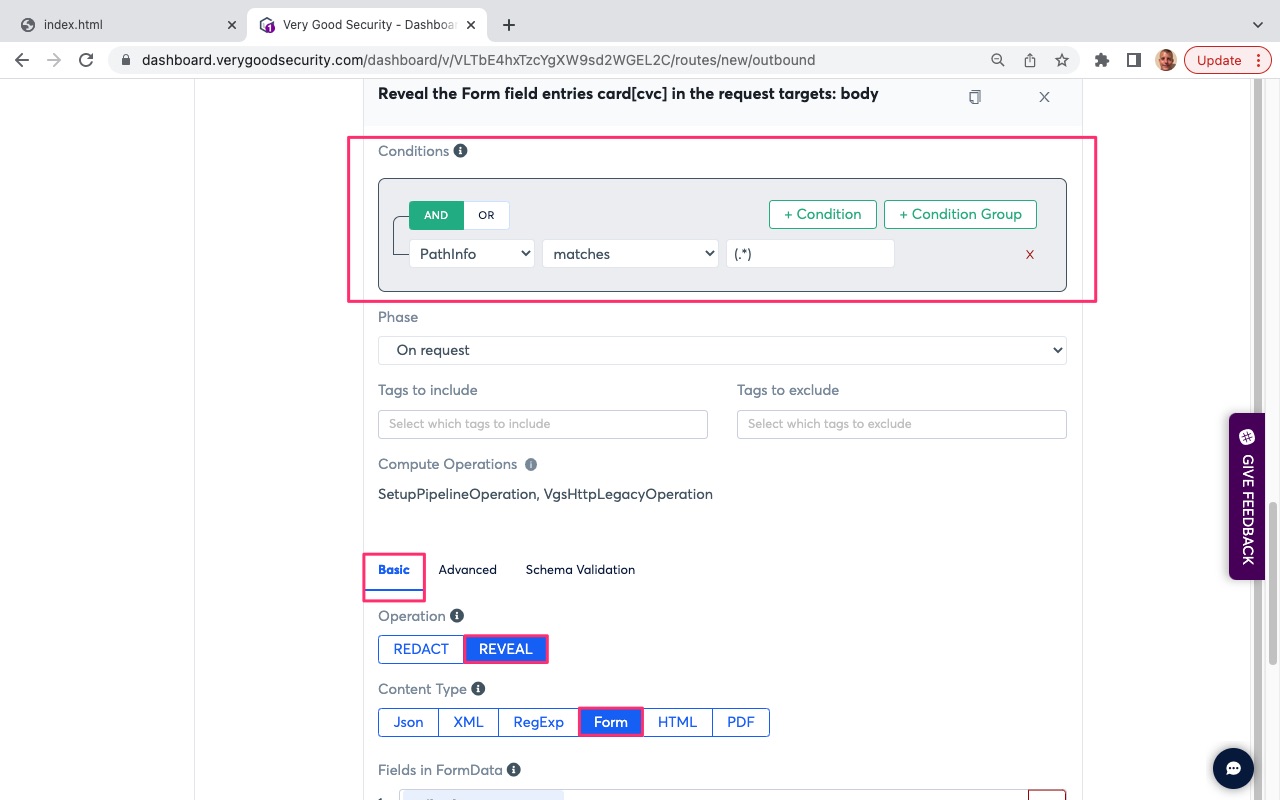 VGS Dashboard Outbound Routes Reveal Card Security Code Conditions
