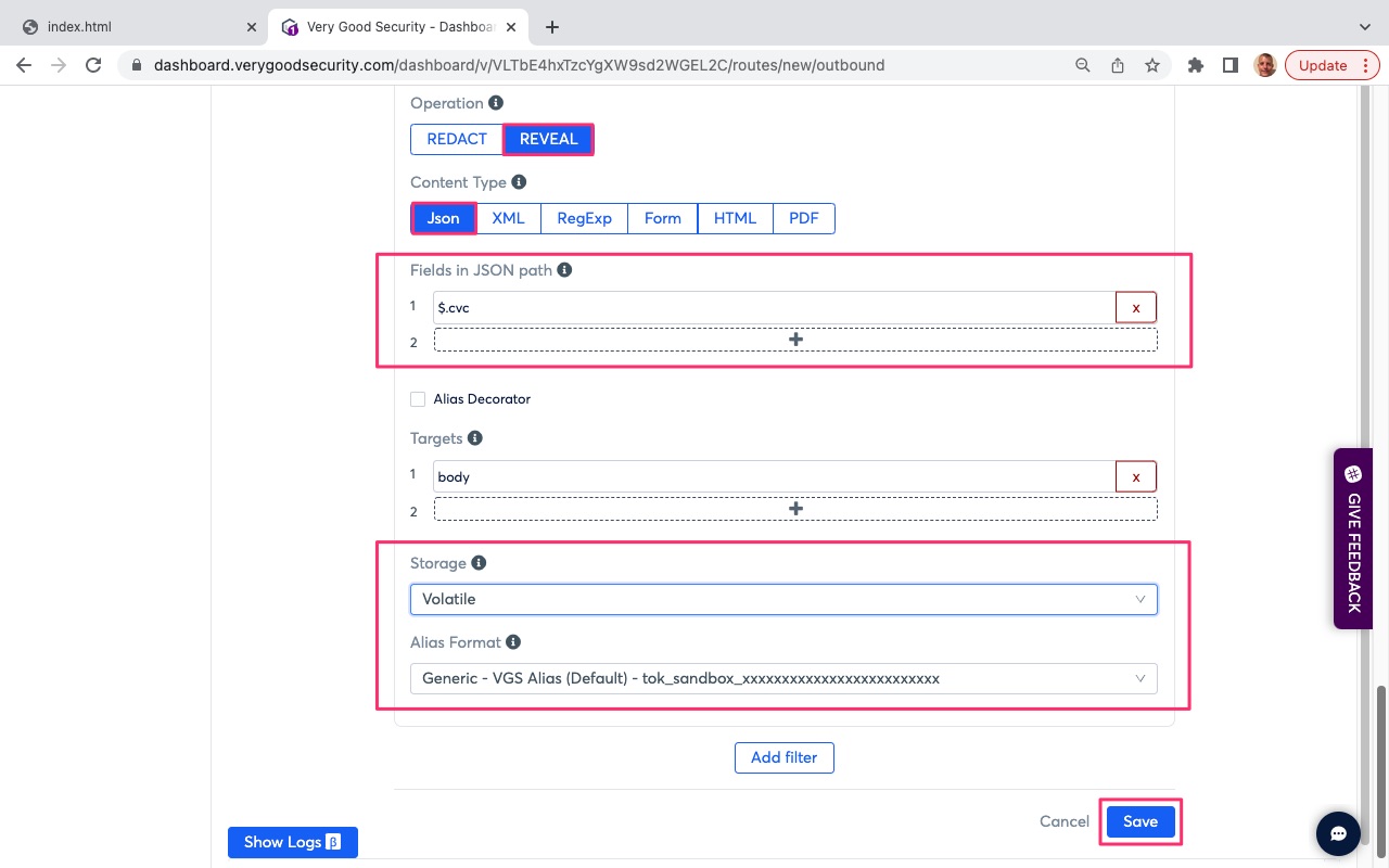VGS Dashboard Outbound Routes Reveal Card Security Code Variable