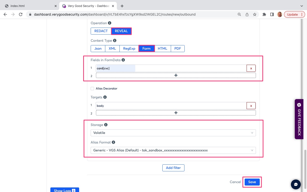 VGS Dashboard Outbound Routes Reveal Card Security Code Variable