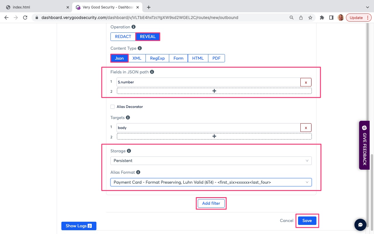 VGS Dashboard Outbound Routes Reveal PAN Variable