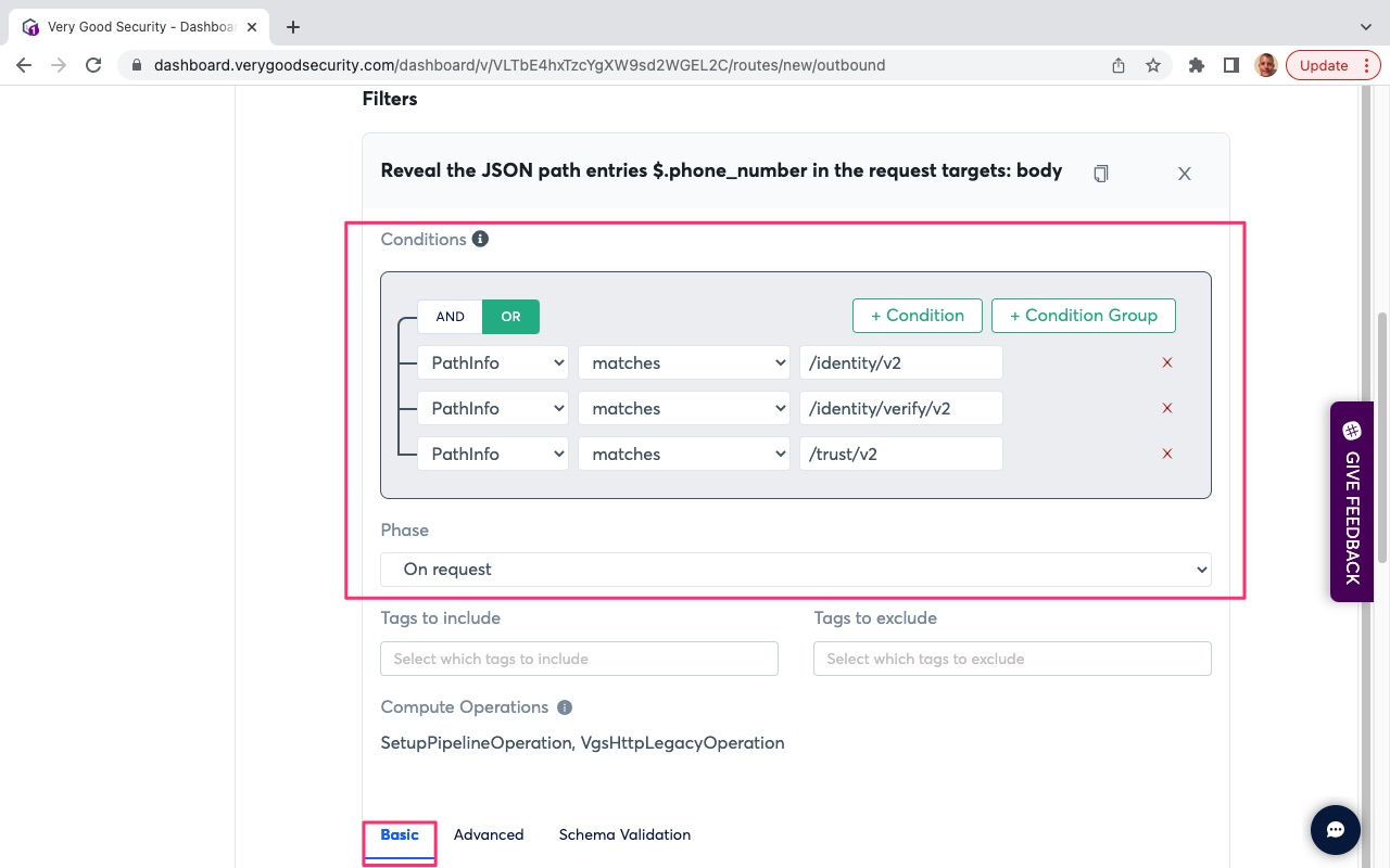VGS Dashboard Outbound Routes Reveal Phone Number Conditions Prove