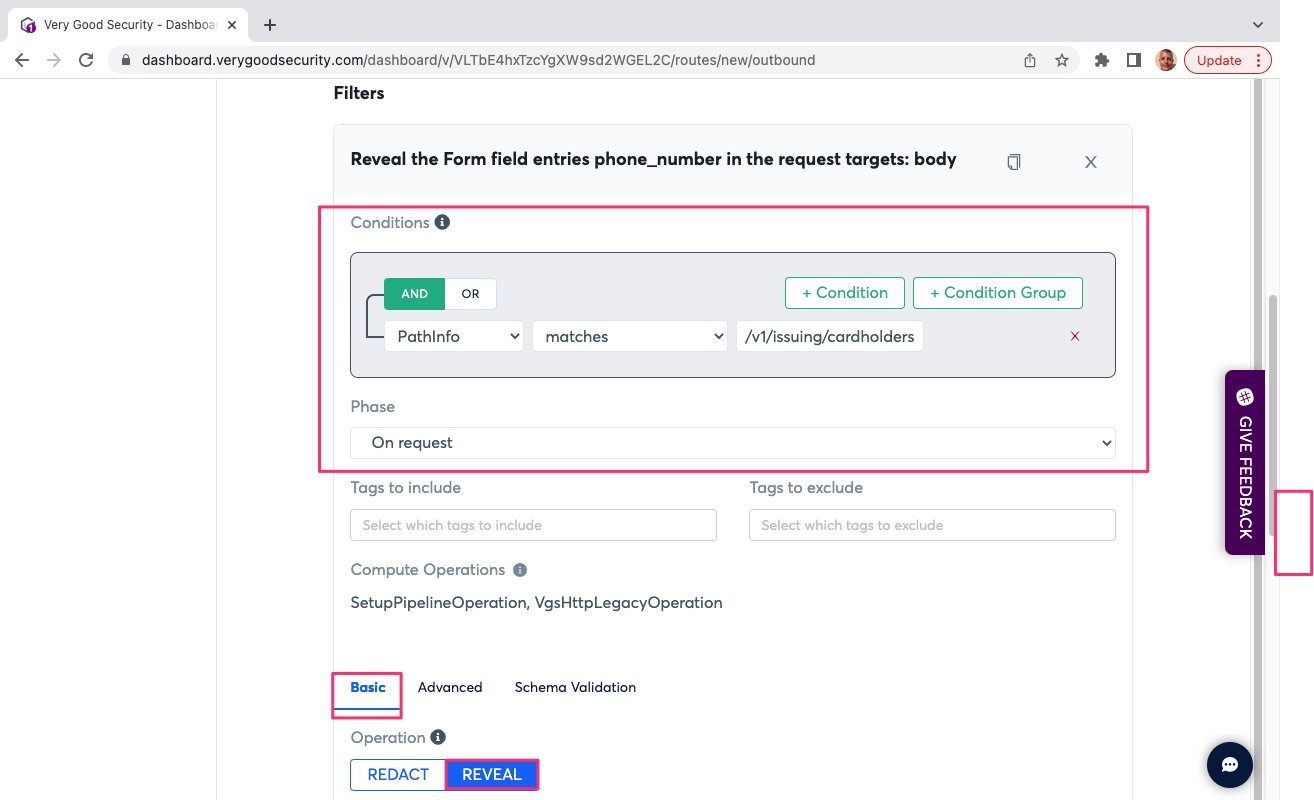 VGS Dashboard Outbound Routes Reveal Phone Number Conditions Stripe Card Issuance