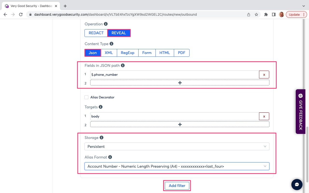 VGS Dashboard Outbound Routes Reveal Phone Number Variable Prove