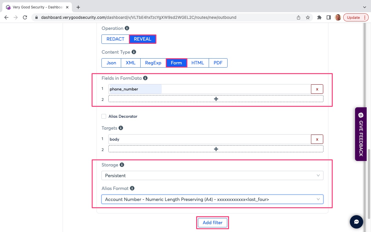 VGS Dashboard Outbound Routes Reveal Phone Number Variable Stripe Card Issuance