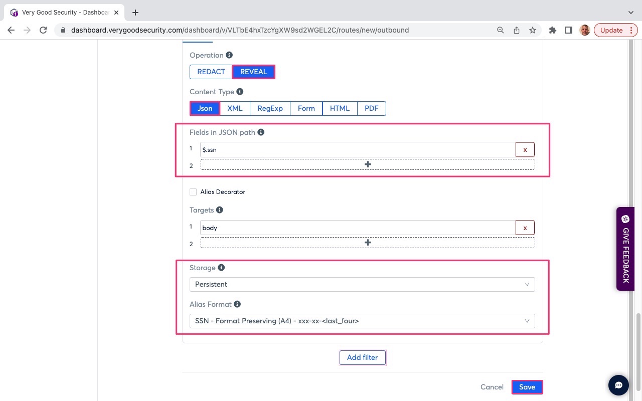 VGS Dashboard Outbound Routes Reveal SSN Variable Prove