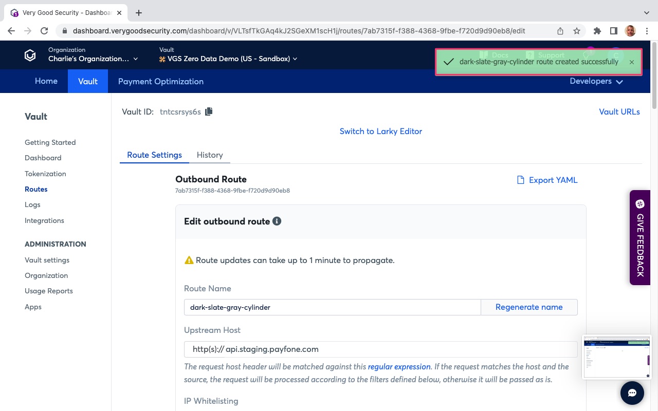VGS Dashboard Outbound Routes Save Confirm Prove