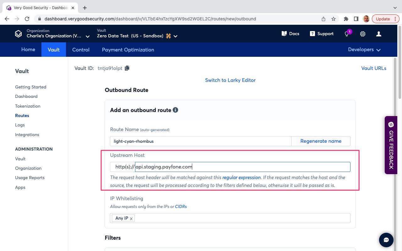 VGS Dashboard Outbound Routes Upstream Host Prove