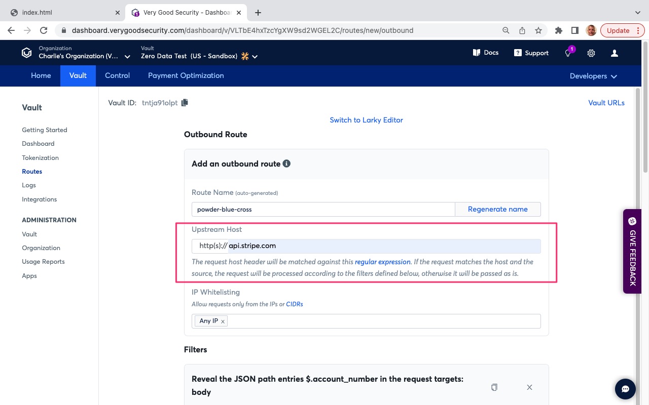 VGS Dashboard Outbound Routes Upstream Host
